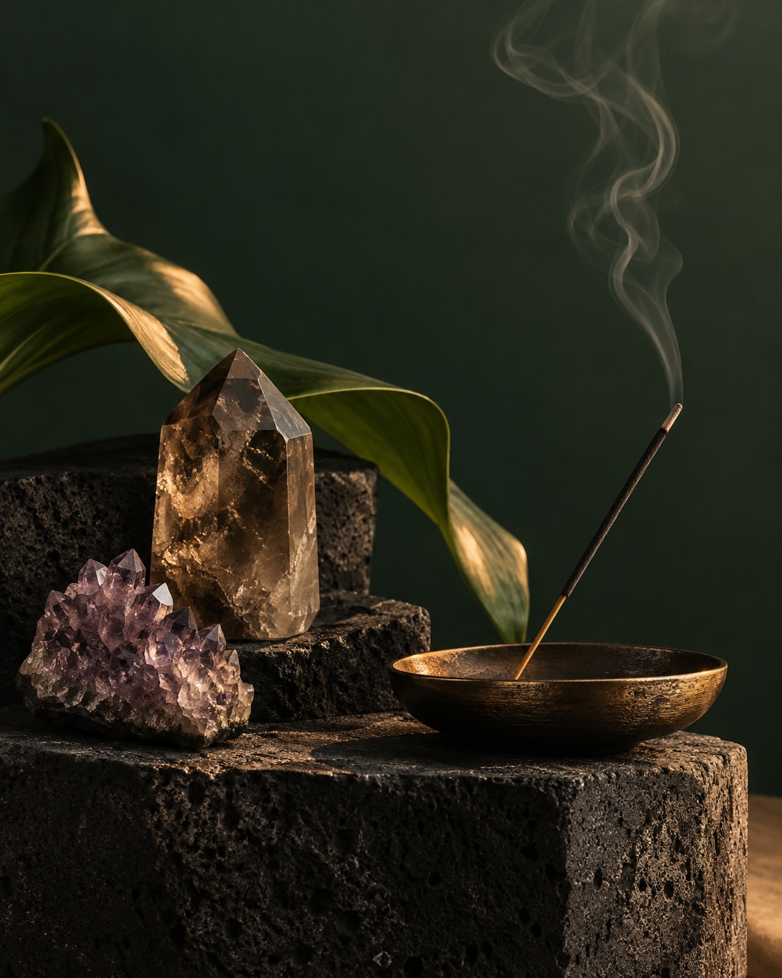 Composition d’ambiance : encens, cristaux et feuille tropicale sur une pierre sombre